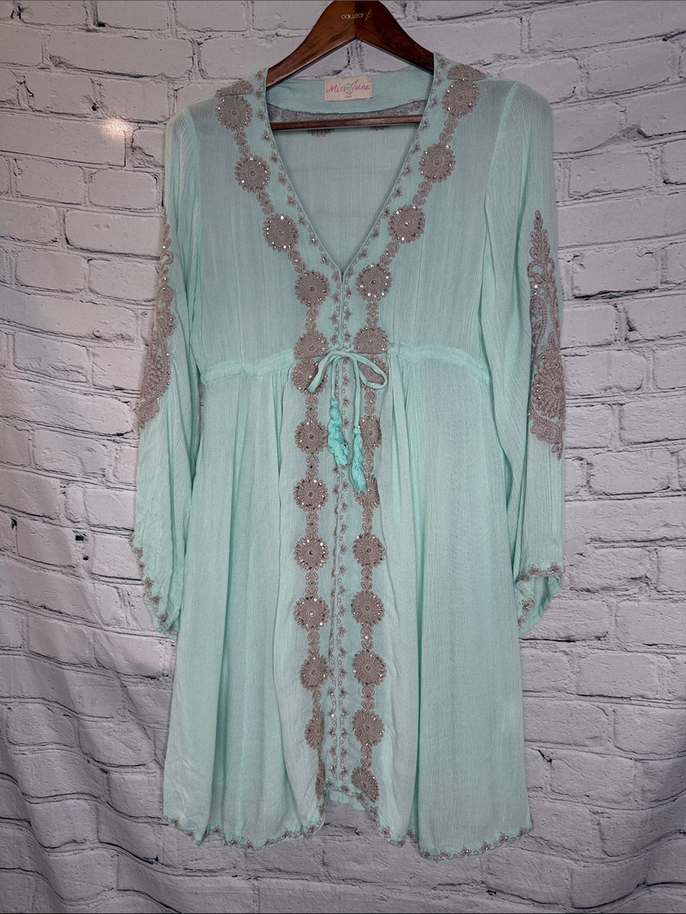 Miss June Mint Embroidered Tie-Front Tunic Dress Size Small